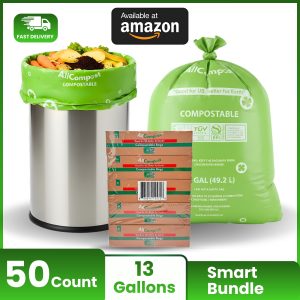 Compostable Trash Bags, 13 Gallon - Smart MultiBin Set (50 Count), Super Strong 0.9 Mil Leak-Proof, BPI & OK Compost HOME Certified, ASTM D6400 - AllCompost